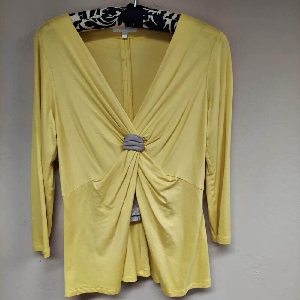 Paule Ka Women Size 40 V-Neck Twist-Front Open Slit Top Blouse Yellow 3/4 Sleeve